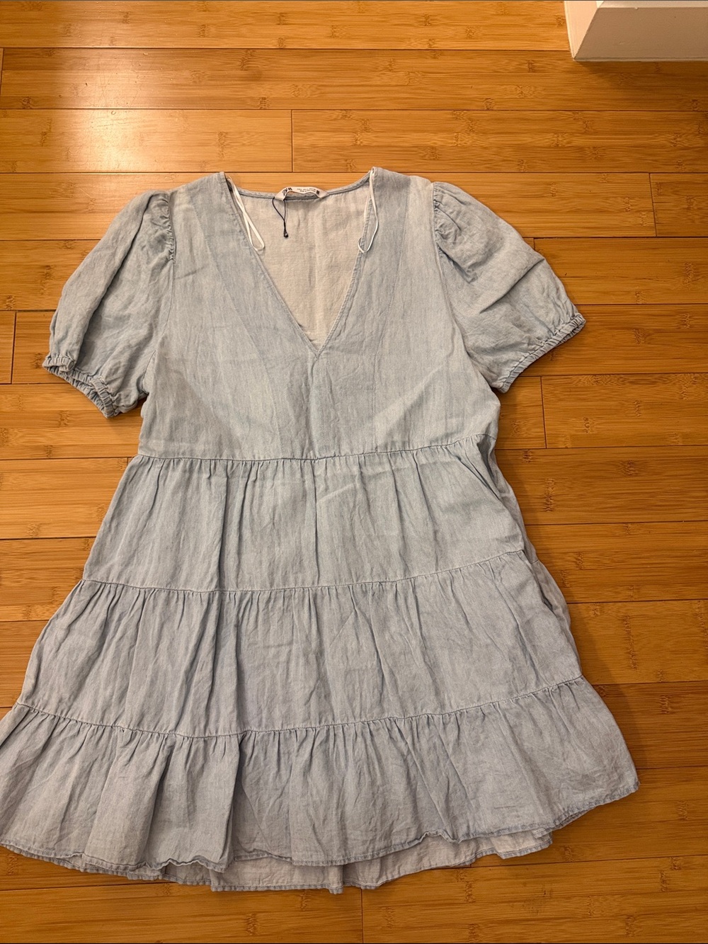 Zara Light Blue Tiered V-Neck Short-Sleeve Dress